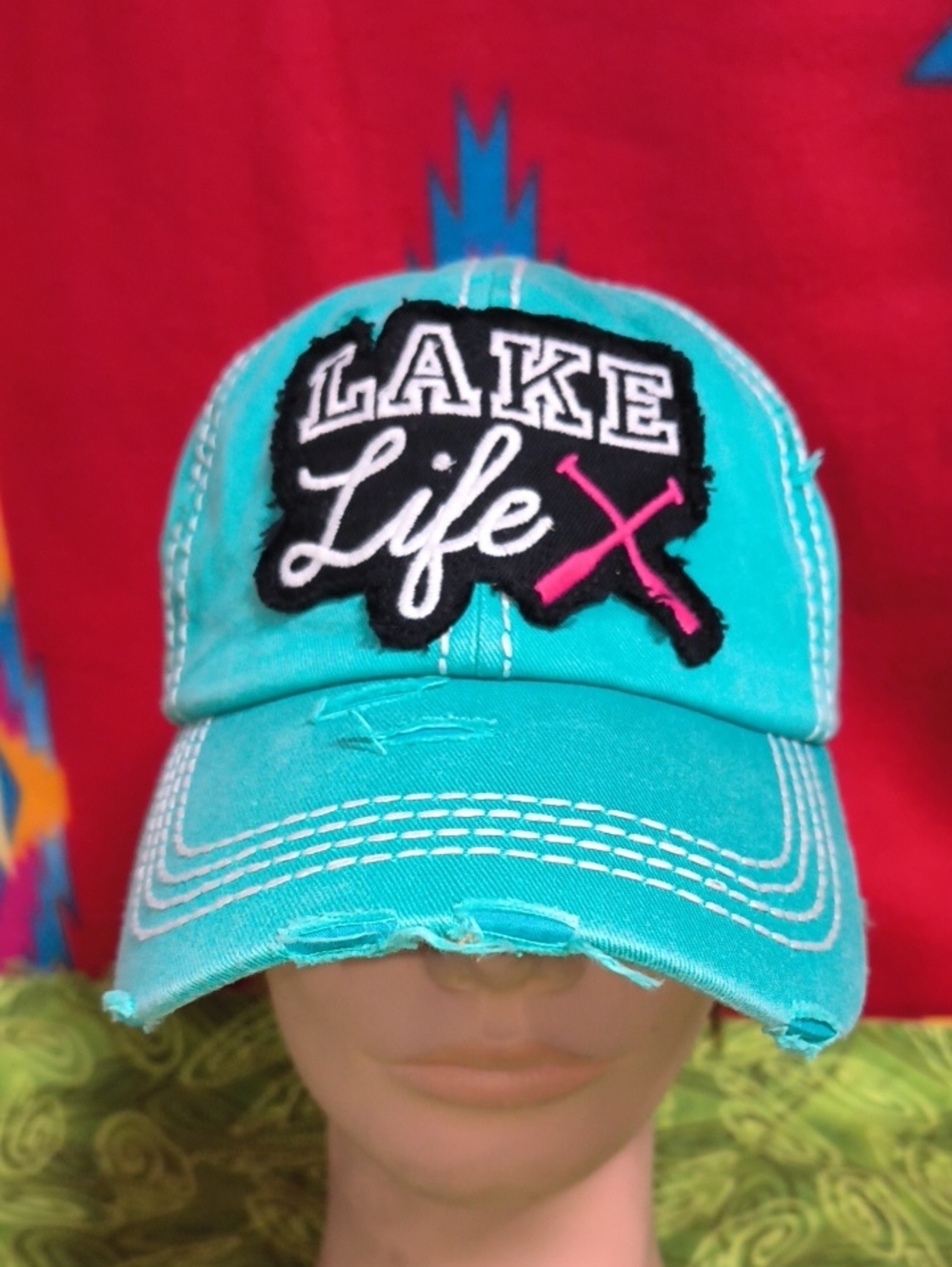 Lake Life Distressed Stitched Patch Strap-on Hat Cap OSFM